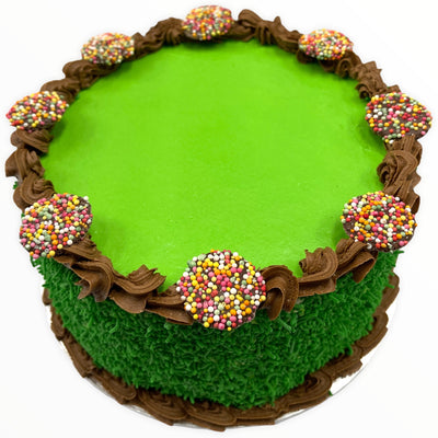 This cake is decorated with green buttercream icing, with green sprinkles around the outside, chocolate buttercream borders and topped with chocolate freckles!